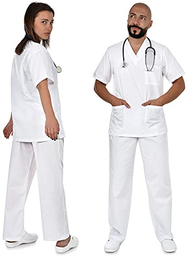 B-well Colombo Uniforme Médicale Unisexes Ensemble: Haut et Pantalons + Tunique Médicale Femme/Homme - Tenue Aide Soignante Professionnelle Vêtement médical - Blanc - XX-Large