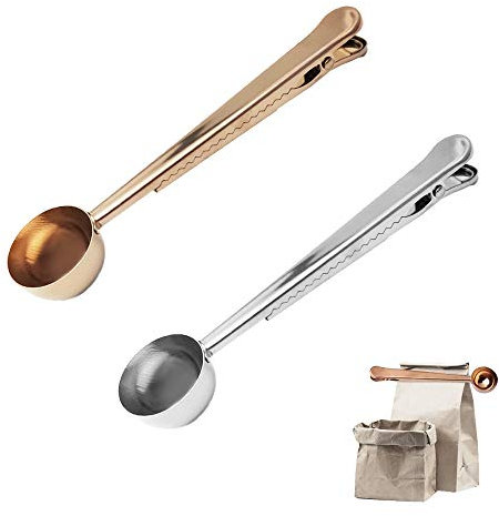 Cyleibe 2er Pack Kaffeeschaufel, Edelstahl-Messlöffel Kaffeelöffel mit Kaffeebeutel-Clip für gemahlenen Kaffee, Espresso, Kaffeebohnen (Silber & Roségold)