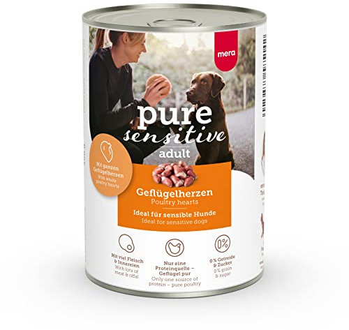 MERA Pure Sensitive Geflügelherzen (6x400g), Hundefutter nass mit hohem Fleischanteil und getreidefrei, Nassfutter aus 100% tierischem Protein für Sensible Hunde, Single Protein
