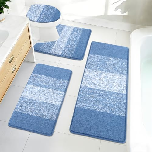 Bsmathom Badezimmerteppich-Set, 4-teilig, mit WC-Deckelbezug, rutschfeste Badteppiche für Badezimmer, Mikrofaser, zottelig, saugfähig, mit U-förmigem WC-Teppich, blau
