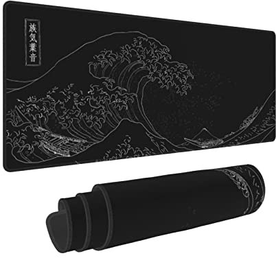 Grand tapis de souris noir motif dessin animé The Great Wave off Kanagawa peinture grand tapis de clavier de jeu XXL antidérapant résistant à l'eau base en caoutchouc tapis de souris de bureau complet