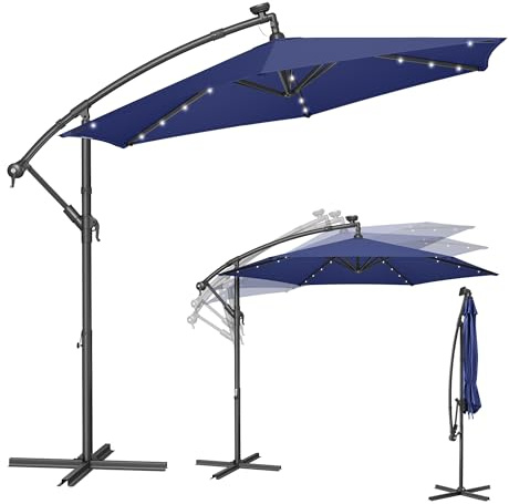 SONGMICS Sonnenschirm mit LED-Solar-Beleuchtung, 300 cm d, UPF 50+ | Ampelschirm, Balkonschirm, 32 LED-Lämpchen, mit Ständer, mit Kurbel, Terrasse, Garten, marineblau, SHELD Kollektion GPU118L01