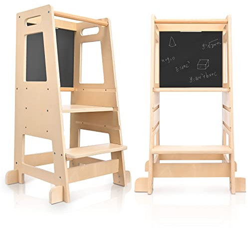 Kotsy Lernturm Für Kinder,Kleinkinderküchenhelfer 3 einstellbare Höhen,Montessori Holz Lernturm mit Doppelseitige Tafel Für Kinder Baby, ideales Montessori Küchenhelfer