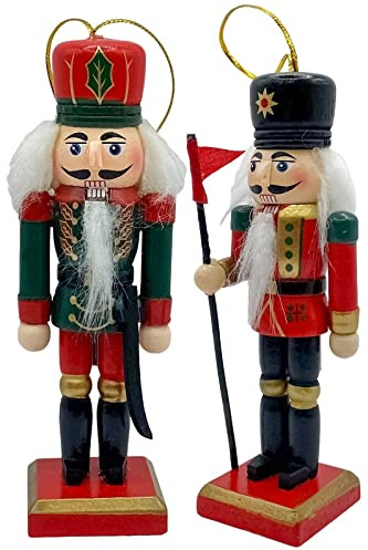 Rammento Set of 2 12cm Nutcracker Soldier Ornaments | Hanging Wooden Nutcracker Christmas Figures | Tree Decorations & Festive Hanging Ornaments for Home Decor | Traditional Xmas Decoration