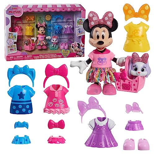 Just Play Muñeca y Accesorios Disney Junior Minnie Mouse Glitter and Glam Pet Fashion Set, con 23 Piezas; Juguetes para niños a Partir de 3 años