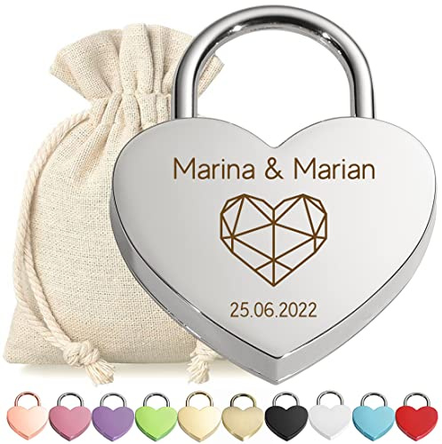 Cadenas d'amour en forme de cœur gravé en argent - Motif cœur en polygone - Pochette cadeau incluse - Avec clé - Fiançailles d'anniversaire - Lui et elle - Cadeau de couple