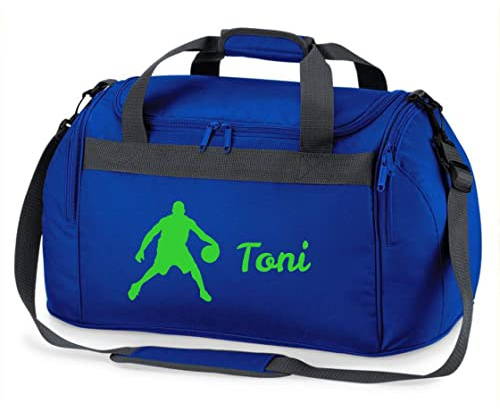 Sporttasche mit Namen Bedruckt für Kinder | Personalisierbar mit Motiv Basketball Spieler | Reisetasche Duffle Bag für Jungen Mädchen Sport (Royalblau)