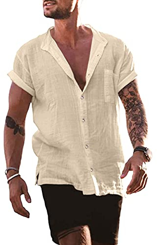 YAOBAOLE Homme Coton Lin Chemise Col Mao Hommes Chemises en Lin Chemises Legere Hommes Été Manches Courtes Boutons Chemise Kaki XL