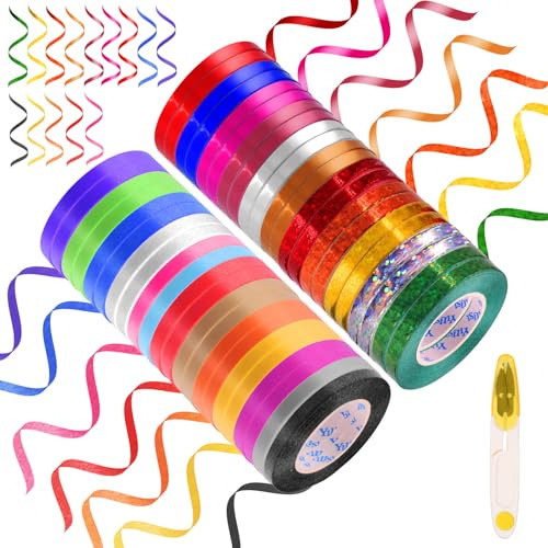 Rustark 48 Rollen Ringelband Geschenkband Ballonschnur Ballonband Set mit Schere, Geschenkbänder Curling Ribbon Balloon String für Geburtstag Luftballons (0,2 Zoll x 11 Yards / 5 mm x 10 m)