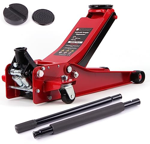 Springer Rangierwagenheber 3T HRW 75-3 – Hydraulischer Autoheber, Quicklift 75–505 mm, Doppelkolben-System, Ø 100 mm Auflage, 2 Gummiteller, 1000 mm Hubstange, Werkstattheber aus Stahl in Rot