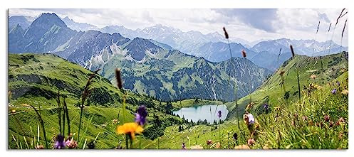 Pixxprint Glasbild Panorama, Wandbild aus Echtglas, Wiesenblumen in den Bergen, 100x40 cm, inkl. Aufhängung und Abstandshalter