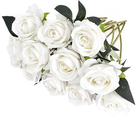 Disnace 12 Stück Künstliche Rosen, 30CM Kunstrosen Single Long Stem Kunstblumen, Realistische Künstliche Blumen Fake Rose Bouquet Seiden für Wedding Dekor Hausgarten Geburtstag Party Hotel (Weiss)