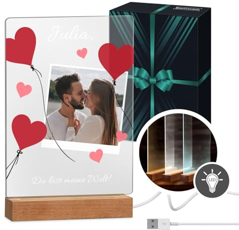 Maverton beleuchteter LED-Rahmen mit eigenem Foto - personalisiertes Acrylglasbild mit Holzständer mit LED-Beleuchtung - Glasfoto für Frauen zum Geburtstag - Größe: 21x32x4,5cm - Herzen