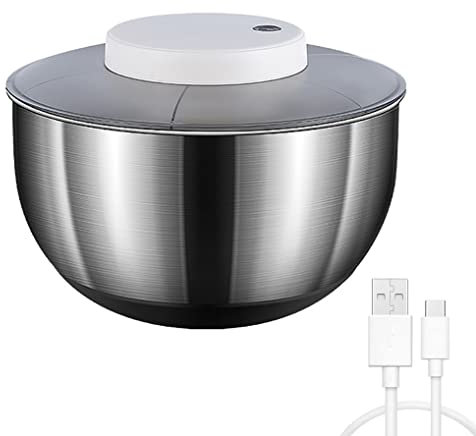 HSTYAIG Elektrische Salatschleuder USB Wiederaufladbare Salatschleudern zum Waschen und Trocknen von Salat, Edelstahl 5L Salatschüssel fur Sieb, Gemüse und Obst