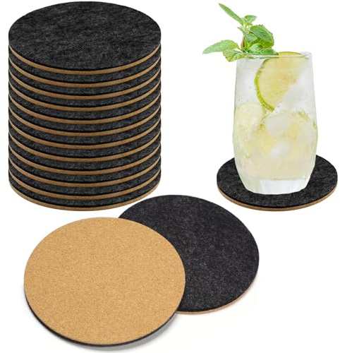 Domensi 12 Pcs Felt and Cork Coaster for Drink Absorbent 4 Inches Cork Coasters with Felt Side Blank Tea or Coffee Coasters Gifts for Cold Drinks Wine Glass Cup Mug Bar Office (Black,Round)