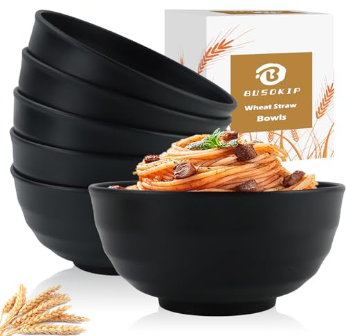 Wheat Straw Bowls Unbreakable Large Salad Bowls 60 OZ Set of 6, Microwave and Dishwasher Safe Large Plastic Bowl, Big Bowl for Eating, Serving Soup, Ramen, Popcorn (Black)