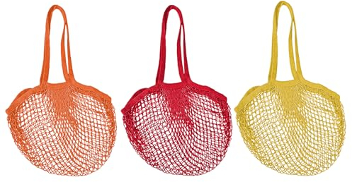 Soulnioi Wiederverwendbare Lebensmittel-Netzbeutel, Baumwollschnur, Bio-Einkaufstaschen, tragbar und waschbar, für Obst und Gemüse, Beige, 2 Stück (1 langer Griff, 1 kurzer Griff), 3-teiliges Set in 3