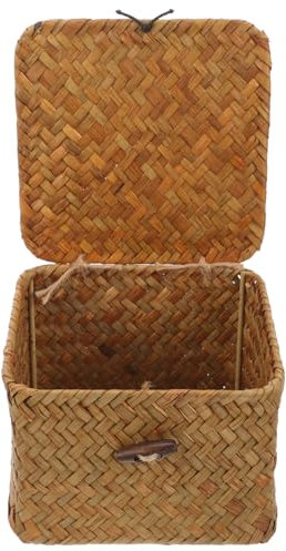 STOBOK Geflochtener Aufbewahrungskorb Mit Deckel Handgefertigter Rattan-korb Für Nähutensilien Dekoration Im Landhausstil Kleiner Korb Für Wohnräume Und Badezimmer