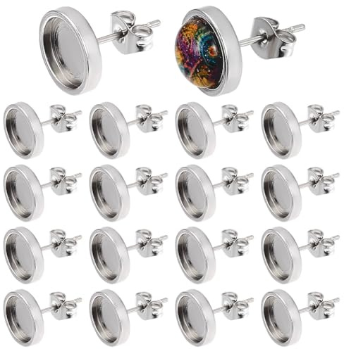 Beebeecraft 1 Box 50 Stück Edelstahl Ohrstecker Cabochon Fassung Pfostenbecher Mit Leerem Flachem Rundem Einfassungstablett 8 mm Ohrstecker Komponenten Schmuckzubehör Für Die Herstellung