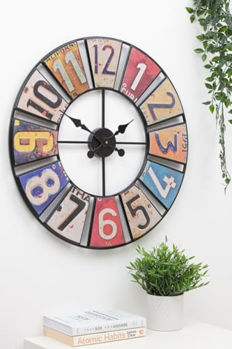 Große Vintage-Wanduhr, Retro, 60 cm, leise, nicht tickend, übergroße Wanduhr, Metall, bunt, dekorative runde Uhr, ideal für Wohnzimmer, Schlafzimmer, Küche, modern