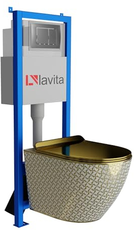 Lavita LAV 101 Vorwandelement für WC 40cm + Wand Hänge Tiefspül WC SOFI SLIM GOLDEN NEVER DIE Spülrandlos + Bedienplatte LAV 200.1.3 Satin | Komplettset | Unterputz Spülkasten | Toilette Komplett Sett
