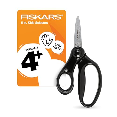 Fiskars Forbici a punta per mancini da 12,7 cm, per bambini dai 4 ai 7 anni, forbici per scuola o artigianato, forniture per il rientro a scuola, nero