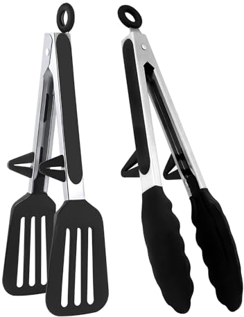 2 Pcs Kitchen Tongs Silicone with Resting Gadget, Stainless Steel Non-Slip Handle for Baking, Frying, Steak, Serving, Buffet, Barbecue, Pizza, Salad (9 inch)
