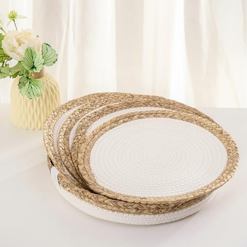 Art PineCone's Woven Cotton Rope Round Placemats Set of 4 with Holder Included, Non-Slip, and Heat Resistant for Your Perfect Table Decor! (Water Hyacinth Off White, 13 inch)