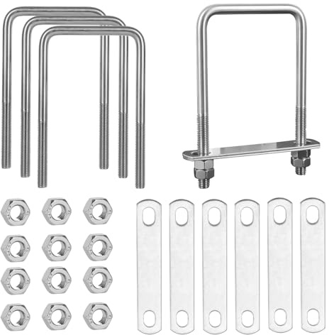 RANJIMA 4 pezzi Vite a U M10 80x150mm, Viti a U quadrate in acciaio inox, Bulloni a U con filettatura, 8 dadi e 8 piastre per telaio per il fissaggio di tubi per auto, navi, rimorchio