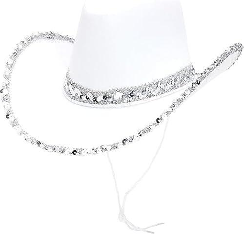 Toyland® 38 cm (15) vit cowboyhatt med silverpaljettkant - festivaler, konserter, maskeraddräkter och möhippor - 3 färger tillgängliga