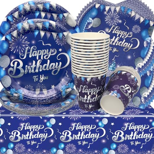 Doyomtoy Blau Partygeschirr, 61 Stück Geburtstag Deko Baby Geburtstag Dunkelblau Tassen Servietten Tischdecke für Kindergeburtstag Party Deko Baby Shower