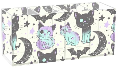 CHIFIGNO Dekorativer Bleistift-Organizer für den Schreibtisch, niedlicher Pastell-Gothic-Katzen-Fledermaus-Stiftehalter, Stiftebehälter, Acryl-Make-up-Pinselhalter, 4 Fächer für Büro, Badezimmer,