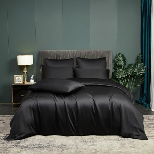 Bambus Bettwäsche Schwarz 135x200cm Glatt Luxus Sommerbettwäsche Bambusfaser Bettwäsche-Set Atmungsaktiv Kühlende Bettwäsche-Set Einzelbett Bettbezug mit Reißverschluss und 1 Kissenbezug 80x80cm