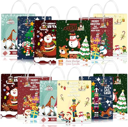 MZJAUVF 12Stück Geschenktüten Weihnachten, Weihnachtstüten mit Henkel, Geschenktüte Weihnachten, Weihnachtstüten Groß, Weihnachtstaschen mit Etikett, Geschenktaschen Weihnachtens für Geschenke