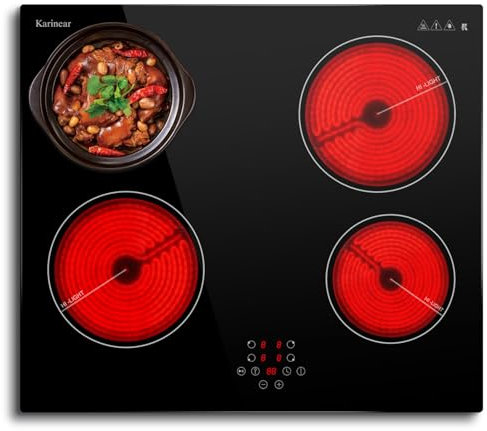 Karinear Ceramic Hob, 4 Zone Electric Hob 60cm Built-in Ceramic Cooker with Pause Function， 6000W Hard Wired Touch Control with Safe Lock