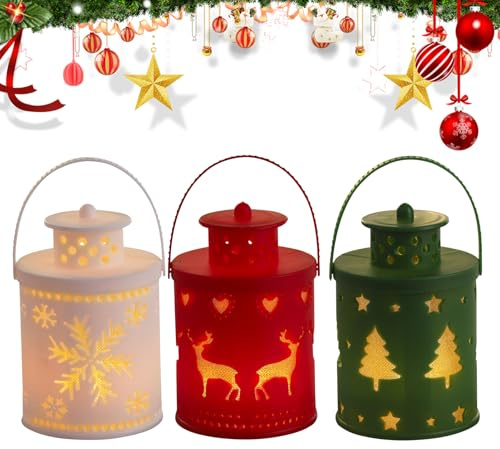 Skeadex Weihnachtsdeko Beleuchtet, 3 Stück LED Windlicht Weihnachten LED Laterne mit Batterie Weihnachtsdeko Fensterbank Laterne Weihnachten mit Griff für Weihnachtsdeko Innen Außen