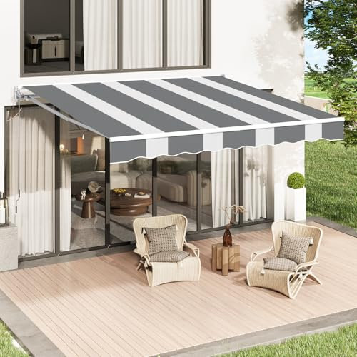 UNIONLINE Retractable Manual Awning, 4x3m DIY Folding Awning with Hand Crank Patio Garden Sun Shade Canopy Gazebo, Anti-UV and Waterproof for Courtyard, Balcony, Restaurant(Grey-White)