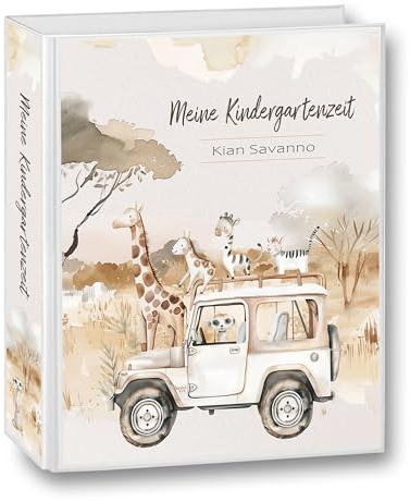 Kindergarten Ordner personalisiert Namen Wunschtext Savanna Car Auto Giraffe Elefant Erdmännchen Löwe - Meine Kindergartenzeit Kindergartenordner A4 Portfolioordner Sammelordner Junge Mädchen