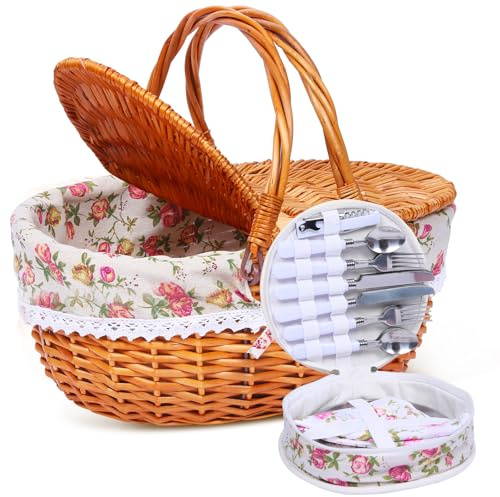 HYBDAMAI Cesto da picnic in vimini per 4 persone, con coperchio e manico, cestino da picnic con fodera lavabile e posate per esterni, campeggio, Halloween, Natale e un