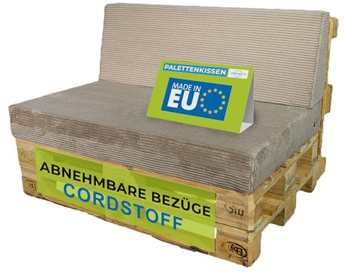 Pillows24 Palettenkissen 2er Set aus Cord, Abnehmbarer Bezug | Sitzkissen & Rückenkissen für Europaletten 120x80, Weiche Palettenauflage für Haus, Garten, Balkon, Made in EU, Cappuccino