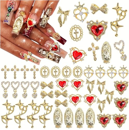 CharmeFleur 40 pezzi di charm dorati per unghie in acrilico, stili misti con perle e leghe scintillanti croce farfalla fiocco cuore stella charm per donne decorazione unghie