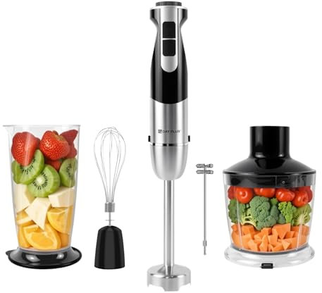 800W 5-in-1 Immersion Hand Blender, Stainless Steel Stick Blender with 12-Speed & Turbo, Includes 600ml Beaker, 500ml Food Chopper, Whisk & Milk Frother – Perfect for Purees, Soups & Smoothies