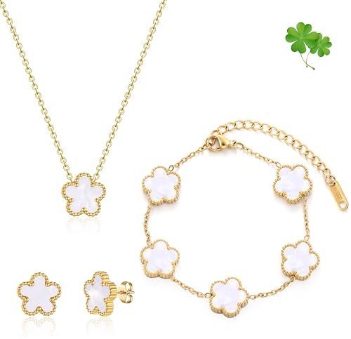 FUNIO Kleeblatt Schmuck Set für Damen - 18 Karat Gold Link Armband Armreif Glücksarmband Halskette Ohrringe Schmuck Geschenk für Damen