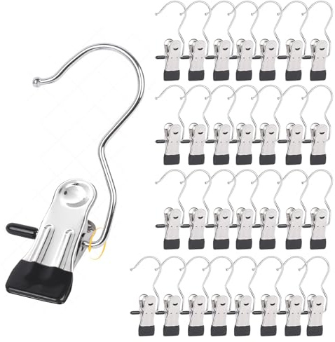 30 Stück Kleiderbügel mit Klammern, Wäscheklammern Edelstahl, Wäsche Haken Boot Clips, 360° Drehbarer Stiefel Aufhänger für Hosen, Schuhe