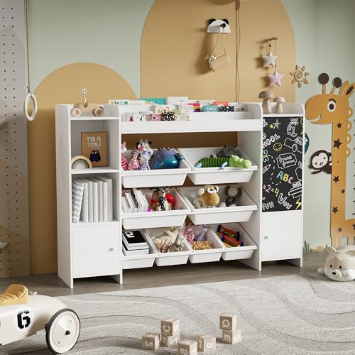 Barnhylla med barnbokhylla, barnrum, möbler av trä, bokhylla för barn med förvaringslåda och ritbräda, barnskåp med leksakslåda, barnhylla med 8 lådor (vit)
