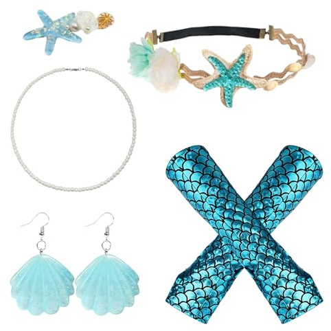 Wqafe Meerjungfrau Kostüm Damen, Meerjungfrau Haarreif Haarschmuck, Handschuhe, Muschel Ohrringe,Seestern Haarspange, Perlenkette für Fisch Mermaid Halloween Fasching Karneval Cosplay Accessories