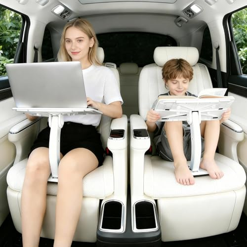 WODHMIEY Car Seat Tray Table Adjustable Travel Desk for Kids Adults Foldable Laptop Tablet Stand Multifunctional Car Lap Desk Front Rear Seats Work Study Dining Mobile Office Long Trips Travel (White)