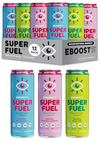 EBOOST Super Fuel Healthy Energy Drink, Variety 12 Pack (Old Flavors) - Low Sugar Energy Drink with Natural Caffeine, Vitamins, Electrolytes & Nootropics - Clean Energy Boost, No Crash