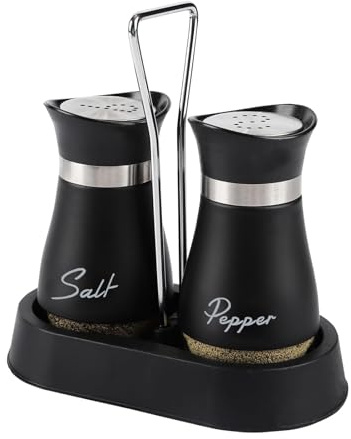 Salt and Pepper Pots Set with Holder, 2 Pack Stainless Steel Salt and Pepper Shakers,Clear Bottle Design,Perfect Kitchen Dining Table or Camping Seasoning Dispenser (Black)