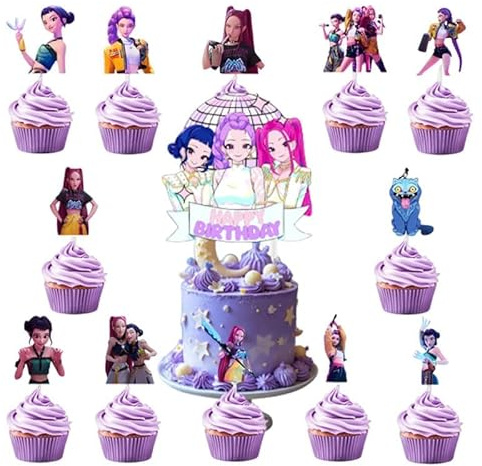 25 Pezzi Kit Compleanno K-pop,Tema Cartoon Demon Hunter,Decorazioni Torta Compleanno per Bambina,Decorazioni per Torte di Compleanno e Feste,Cake Topper e Topper per Cupcake con Scritta Happy Birthday